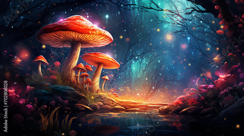 Imaginative Illustration of a Magical Mushroom in a Fantasy Landscape