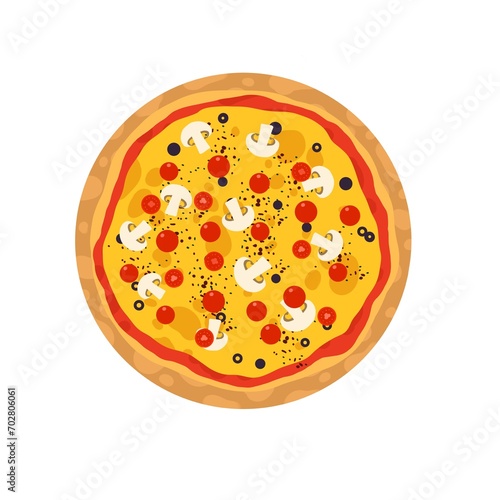 Tasty hot pizza isolated on white background. Top view of Italian pizza. Italian pizza menu design template