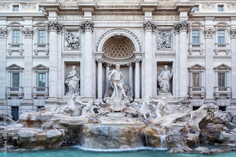 Amazing close-up view of the famous Rome Trevi Fountain (Fontana di Trevi) in morning light, Rome, Italy.