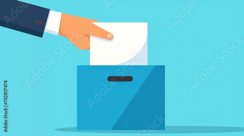 Illustration of Hand Introducing Vote in a Ballot Box with copyspace on blue background photo