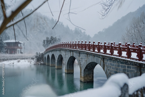 Generative AI, Winter Wonderland at Yangmingtan Bridge: A Serene Snowscape in Early Morning Light photo