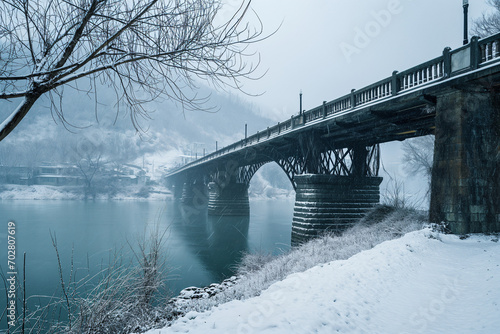 Generative AI  Winter Wonderland at Yangmingtan Bridge  A Serene Snowscape in Early Morning Ligh
