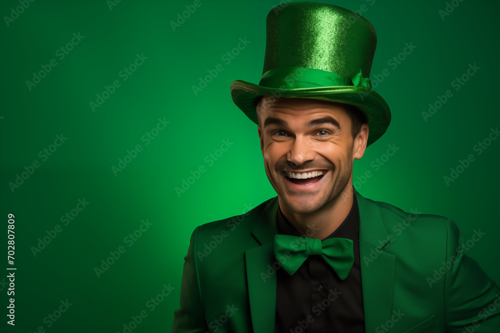 Happy handsome man with a green background and wearing a leprechaun hat, St. Patrick's Day concept Happy handsome man with a green background and wearing a leprechaun hat, St. Patrick's Day concept