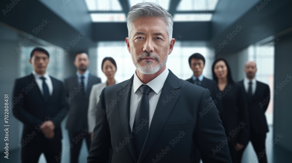 Handsome senior executive in a power suit confidently leading of team. Handsome senior executive in a power suit confidently leading of team.