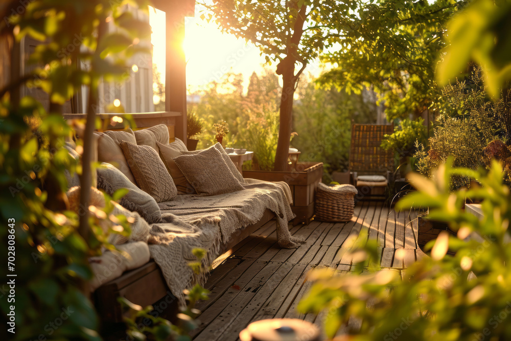 Cozy wooden terrace with rustic wooden furniture, soft pillows and blankets. Charming sunny evening in spring garden with blossoming trees.