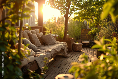 Cozy wooden terrace with rustic wooden furniture  soft pillows and blankets. Charming sunny evening in spring garden with blossoming trees.