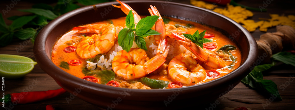 Thai spicy shrimp soup. Selective focus.