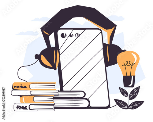 Audiobooks and audio podcast symbol or banner template with phone in headphones and books pile, black and white minimalist vector illustration isolated on white background. For mobile app and website.