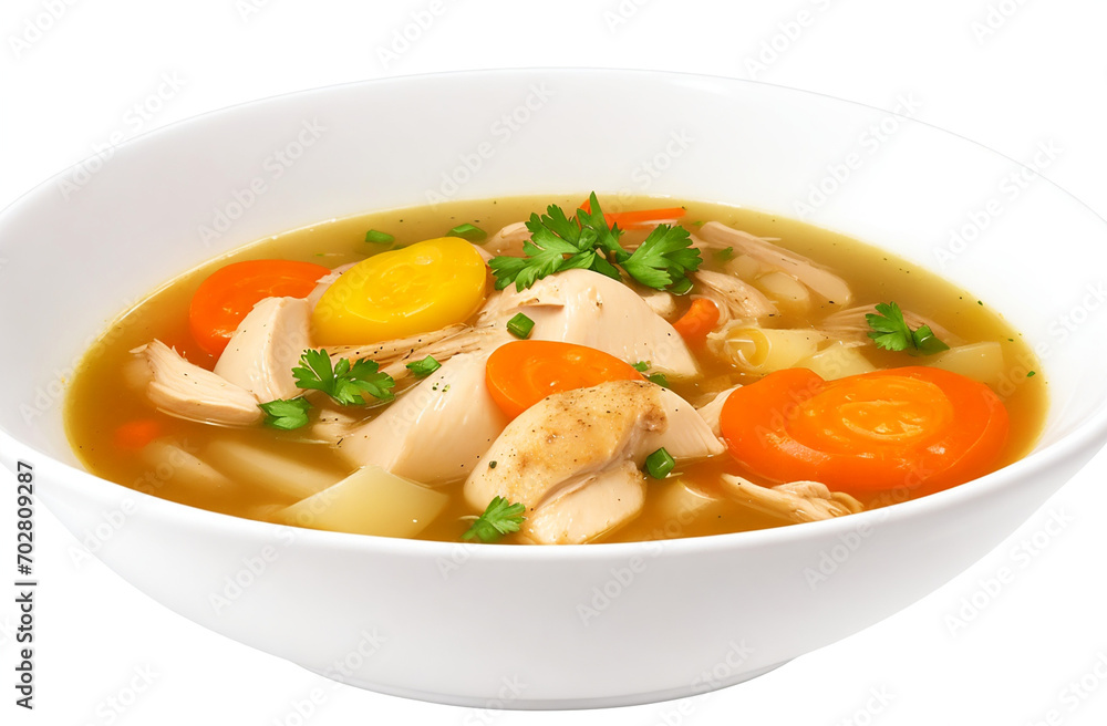 Chicken soup with vegetables isolated on white background