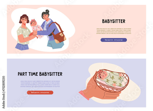 Nanny or babysitter service flyer or banner templates set with characters, flat vector illustration. Hiring a caregiver or babysitter to take care of little child.