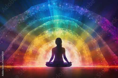 Cosmic Energy Flow, Single Person in Meditation with Rainbow Light Arch and Starry Sky