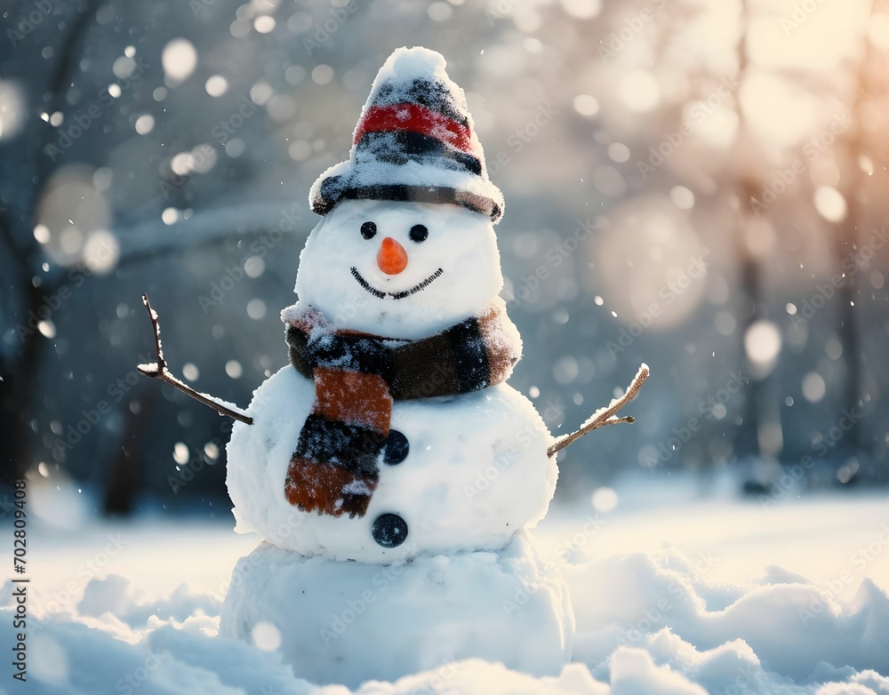 Obraz premium Snowman Standing in Snow with a Happycore Vibe, Dark White and Light Maroon Palette