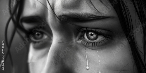 An extreme close up of a woman crying. Tears on a woman\'s face. Sad face expression. Weeping and grief
