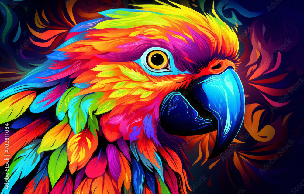 Obraz premium Illustration of colorful painted macaw parrot bird on dark background