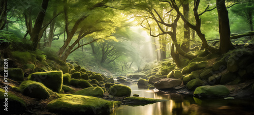 Sunlight streaming through verdant forest over tranquil stream