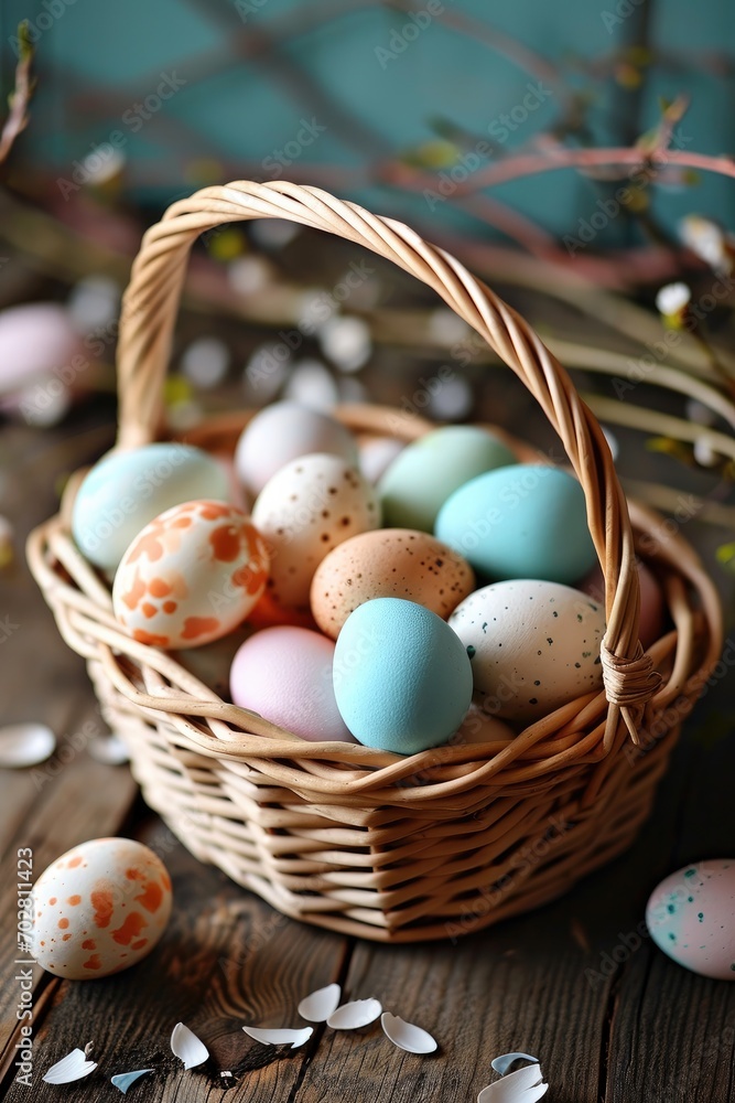 Basket of pastel Easter eggs Basket of pastel Easter eggs