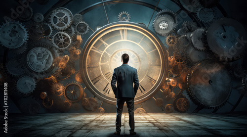 Time management concept with businessman looking at clock and cogwheels mechanism photo