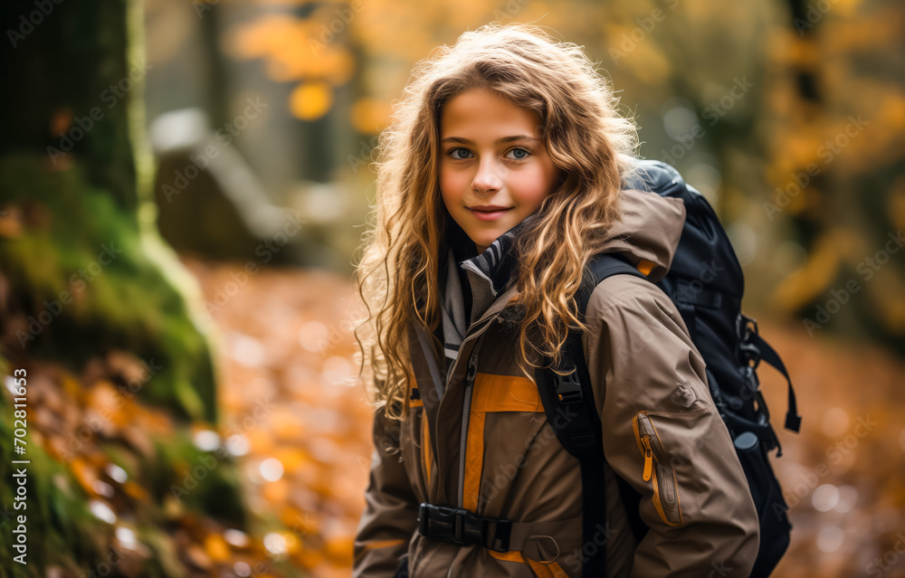 Young hiker girl with backpack in autumn forest Young hiker girl with backpack in autumn forest