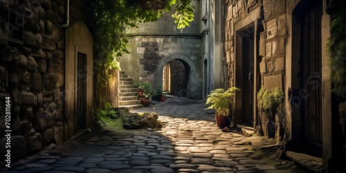 Sunlight filtering through an enchanting stone alley with archway