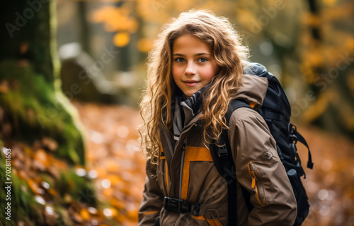 Young hiker girl with backpack in autumn forest