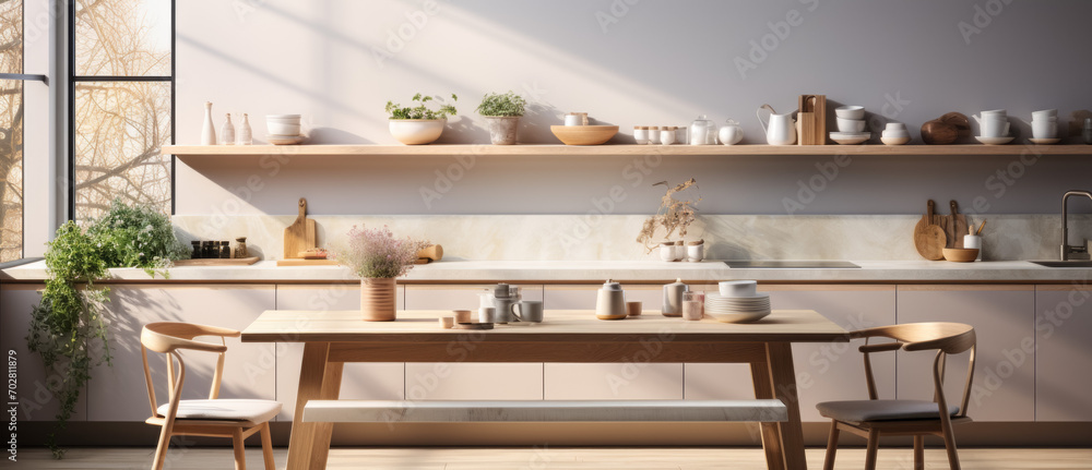Kitchen interior with wooden table and chairs, 3d render Kitchen interior with wooden table and chairs, 3d render