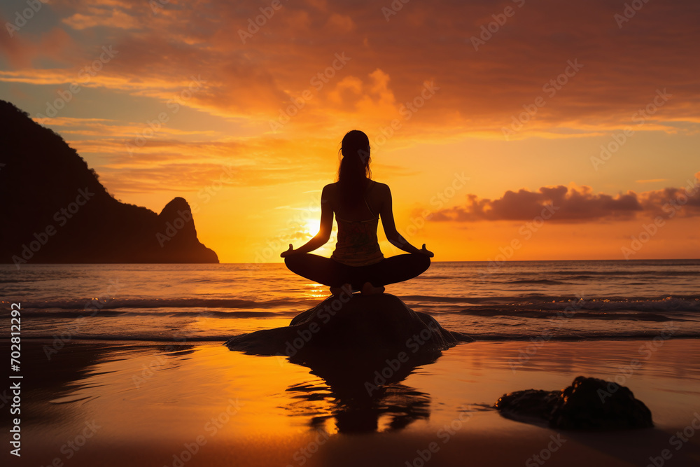 Peaceful Meditation at Ocean Shore, Woman in Lotus Pose during Vibrant Sunset