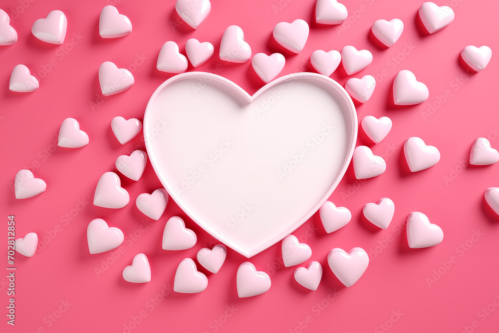 A large heart in the center decorated with small hearts on a pink background.