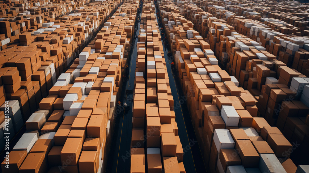 Obraz premium Bird's-Eye View of a Busy Logistics Center with Parked Big Rigs and Warehouses