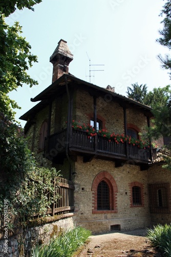 Italy, Emilia, Piacenza: Foreshortening of Medieval Village of Grazzano Visconti. photo