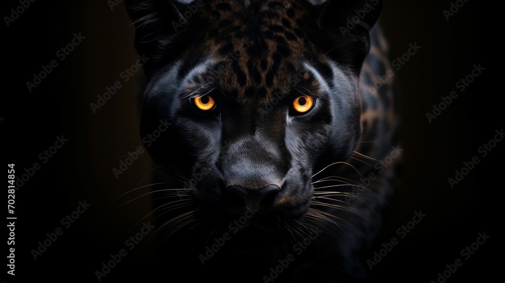 A close up of a black leopard with yellow eyes