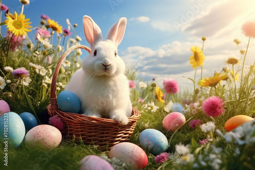 Cute white Easter bunny sits in a basket, next to painted Easter eggs on a meadow in spring