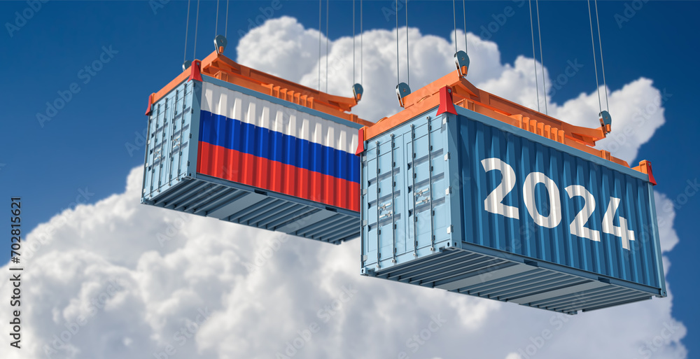 Trading 2024. Freight container with Russia national flag. 3D Rendering 