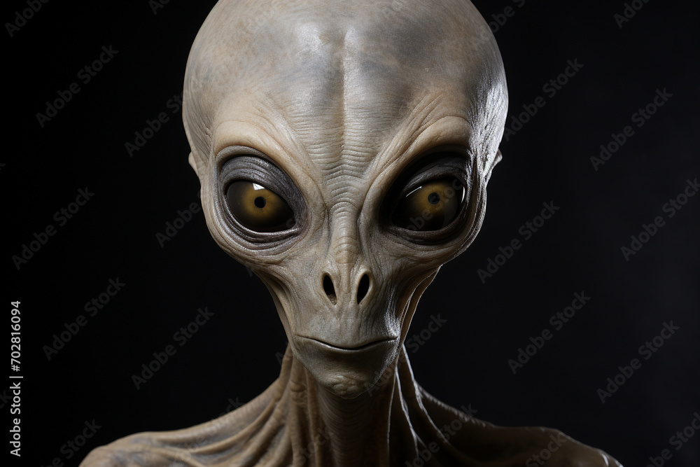 Alien or extraterrestrial, sci-fi, horror concept. Gray alien portrait with big heads and dark big eyes in dark background