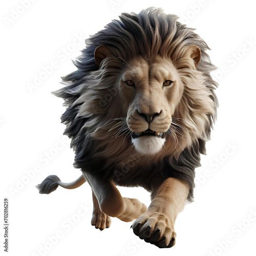 Fototapeta Naklejka Na Ścianę i Meble -  3D Majestic african lion running towards camera. Isolated on white background.