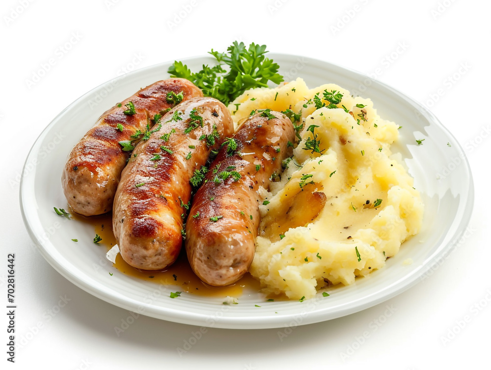 Bangers and mash isolated on white background. British traditional food. Bangers and mash isolated on white background. British traditional food.