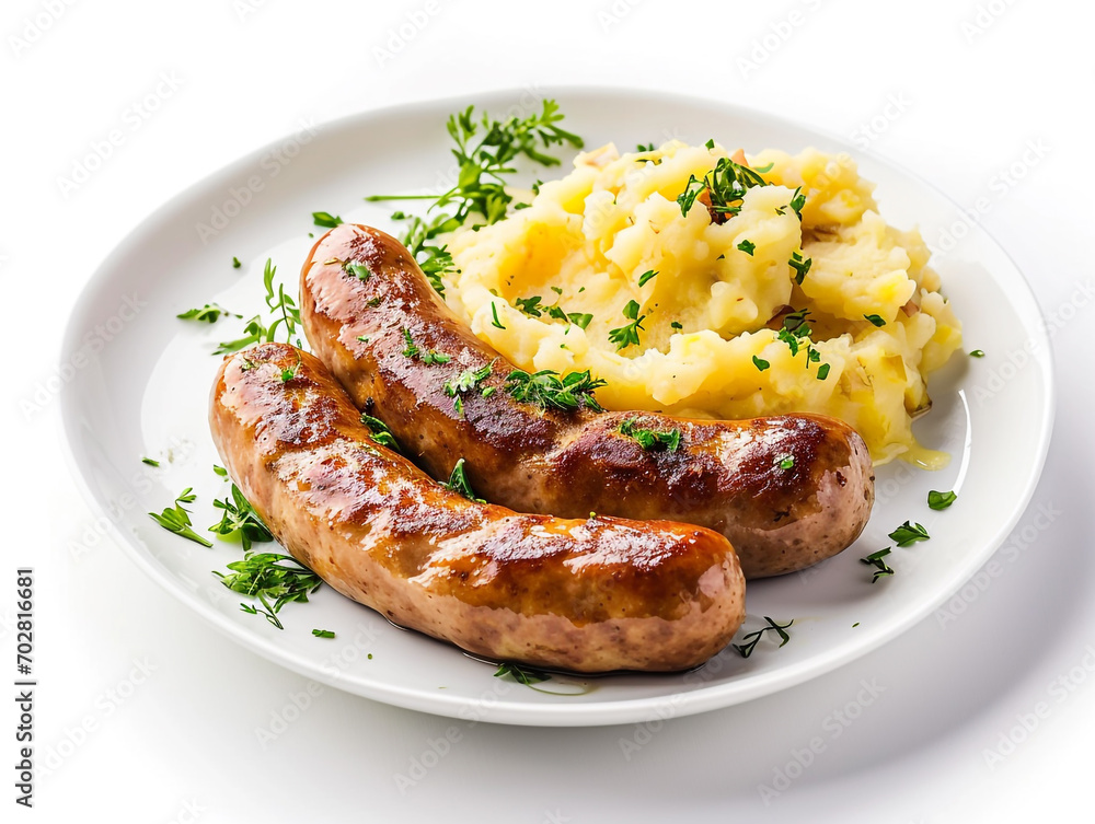 Bangers and mash isolated on white background. British traditional food. Bangers and mash isolated on white background. British traditional food.