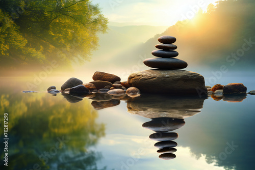 Zen Stones Balanced on a Calm Lake in a Misty Forest