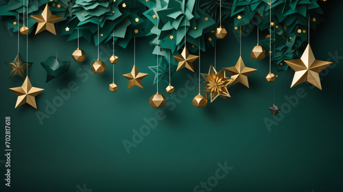 Green and gold christmas decorations with festive stars and baubles