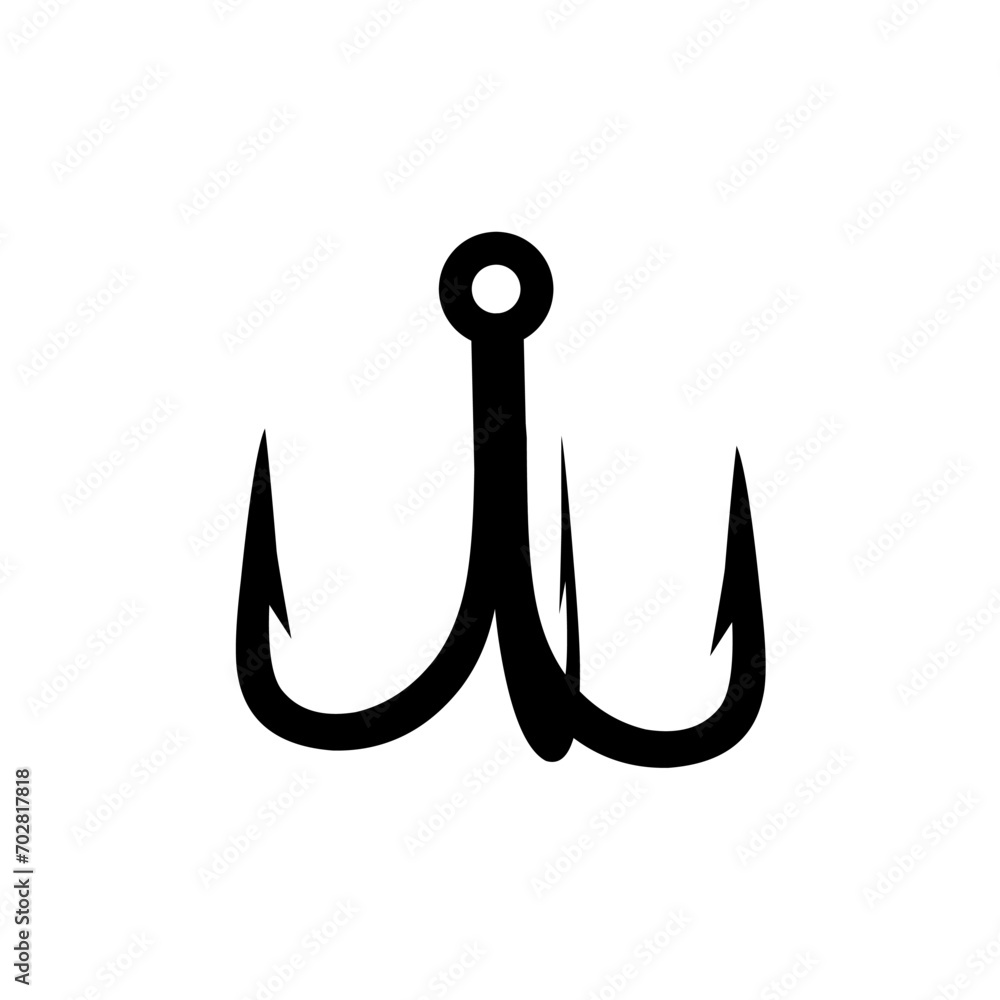 Silhouette of a fishing hook with three sharp hooks. Fish trap concept in the sea. Simple trap on a white background. Silhouette of a fishing hook with three sharp hooks. Fish trap concept in the sea. Simple trap on a white background.