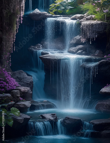 a whimsical scene with cascading waterfalls
