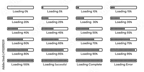 Percentage loading bar infographics icon set 0-100% in black colour.  Rectangle bar percent loading and process symbols collection. Set of percentage loading bar 5%, 10%, 95%, 100% in black color. © Graphic Stocks