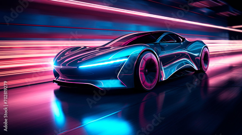 Futuristic unreal sleek electric car with neon energy waves. Futuristic transport technology concept. © graja