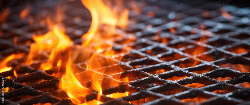 Empty flaming grill grates with open fire, ready for product placement. Background for grilled food with fire. Empty flaming grill grates with open fire, ready for product placement. Background for grilled food with fire.
