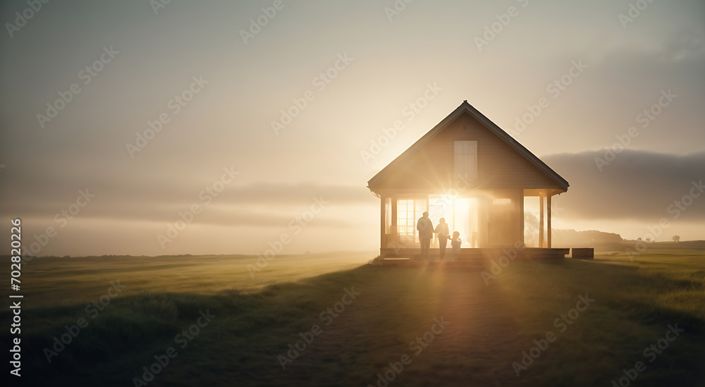 Happy family standing in front of a hut at sunset.