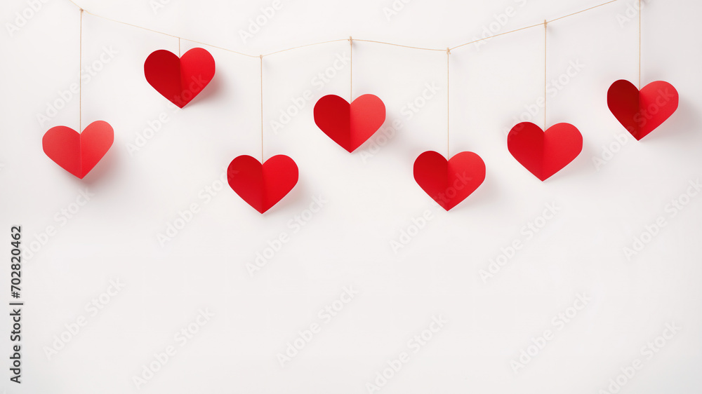 Hanging heart on rope. Red hanging heart on white background.