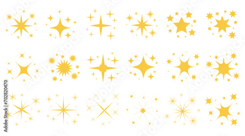 Set of gold star shapes. Retro futuristic sparkle icons collection. Vector set of Y2K style. Templates for posters, banners, stickers, business cards