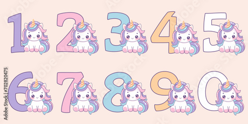 Colorful numbers with cute unicorns. Set of vector symbols. Beautiful cartoon element for children's birthday invitation, greeting card and cake toppers.