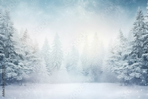 Frosty winter landscape in snowy forest. Christmas background with fir trees and blurred background of winter © muhmmad