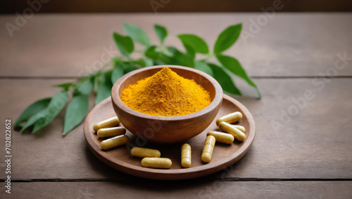 Wooden bowl of curcumin powder and capsules on the table. Superfood, dietary supplement. photo
