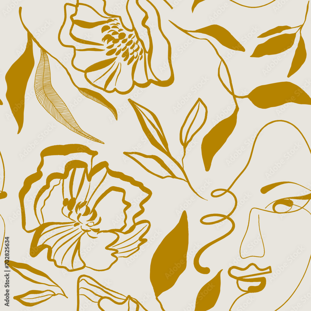 Seamless pattern line drawing of women with different faces and floral flowers.

